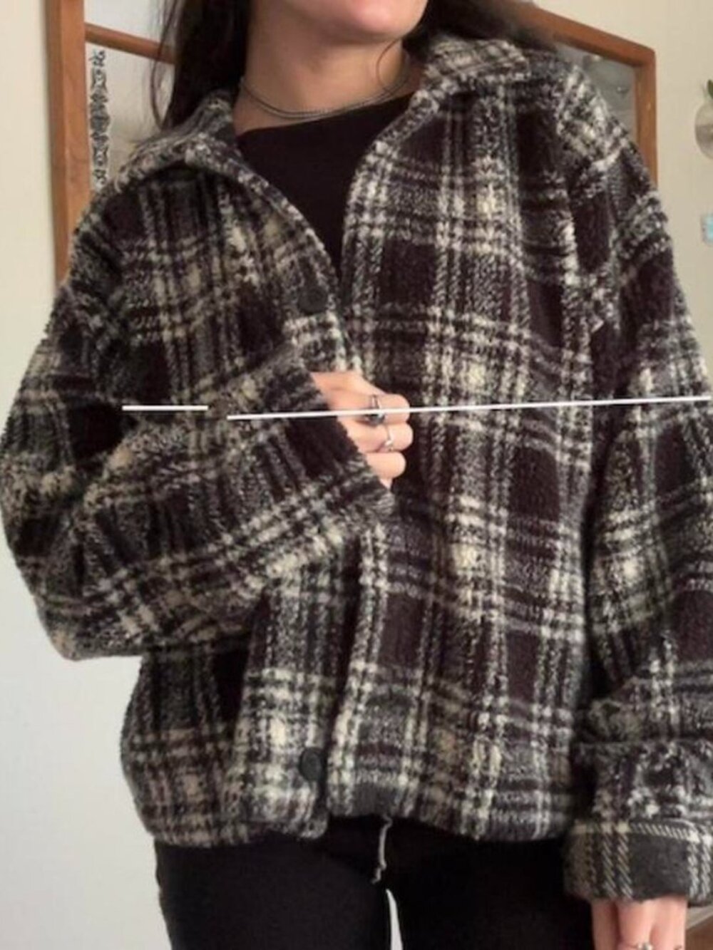 vintage comfy black and white checkered gingham fleece collared button up